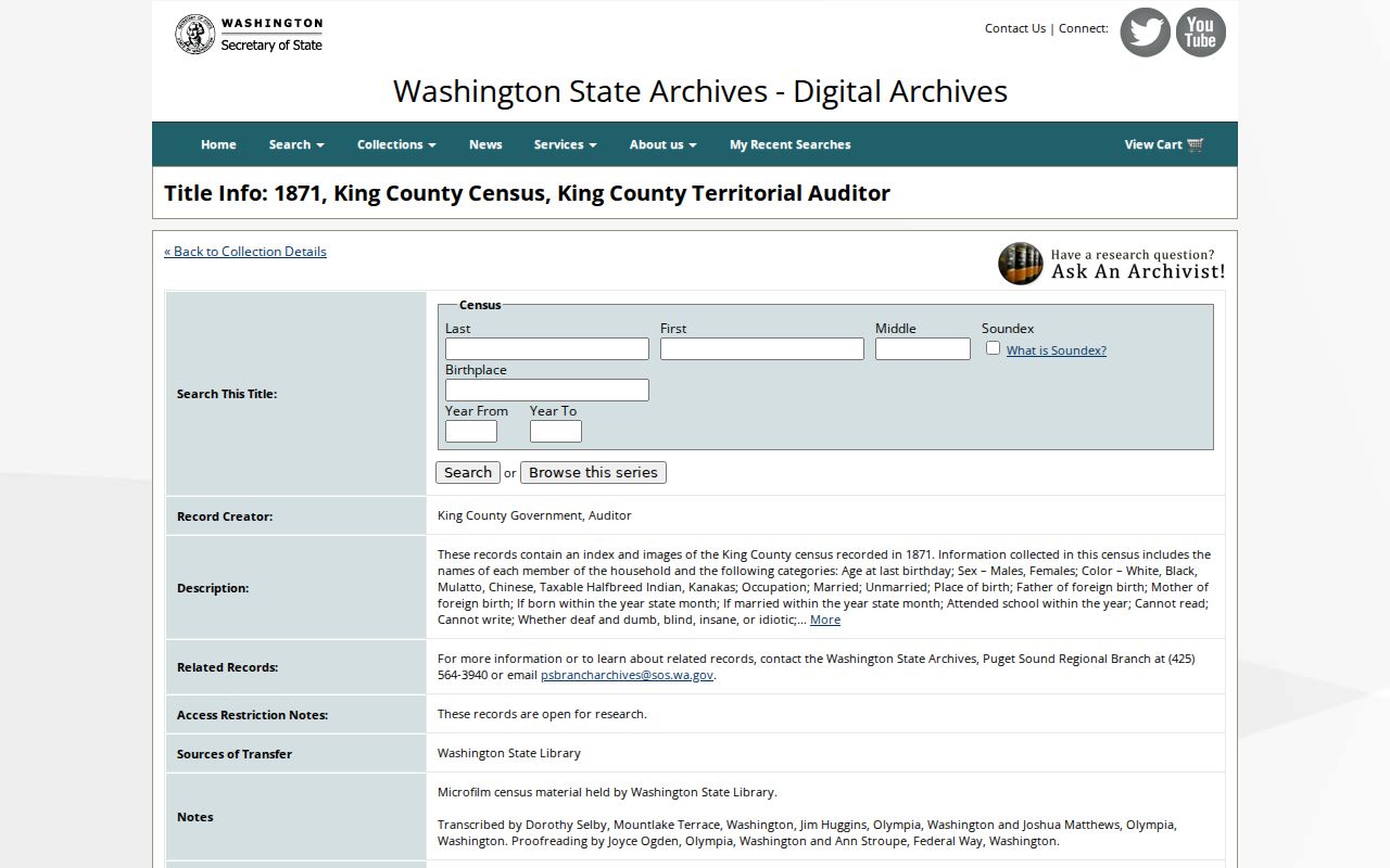 Washington Digital Archives 1871 King County census search for Auburn family research