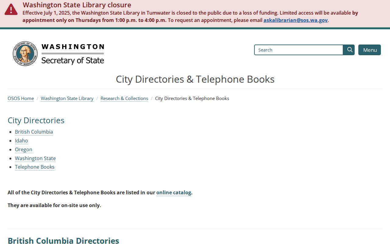 Washington State Library city directory collection page listing Auburn holdings