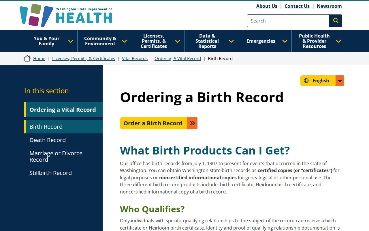 Auburn resident lookup reference on the Washington birth records page